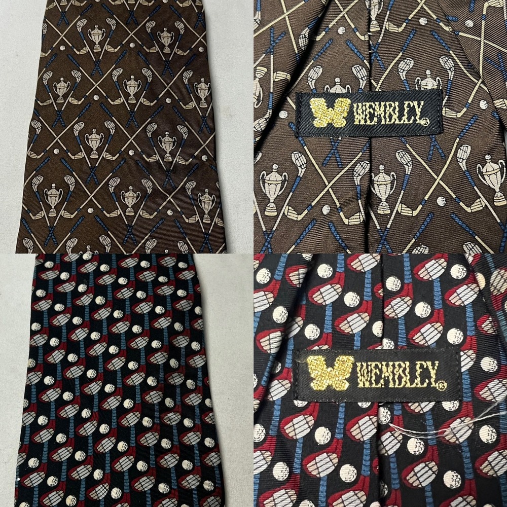 Vtg Bundle of 2 Wembley Golf Clubs Trophy Print Silk Necktie Gift Elegant Brown